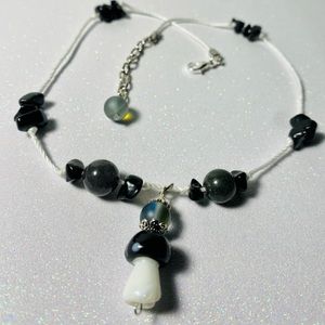 Mushroom, onyx and black jade crystal necklace